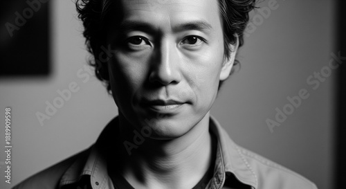 落ち着いた表情と知的な雰囲気が漂う、緩めパーマが似合う40代日本人男性のモノクロポートレート