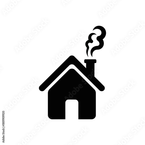 A simple black house icon with smoke coming out of the chimney