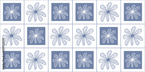 Daisy flower vector seamless surface pattern design. Delft blue geometric background of floral elements. Hand drawn print of botanical sketch chamomile plant for fabric, home decor, linen