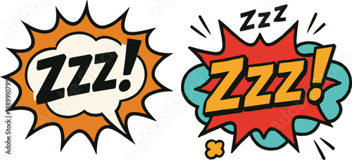 Comic style sleeping sound Zzz typography vector illustration, pop art explosion speech bubble with snooze symbol for rest and nap.
