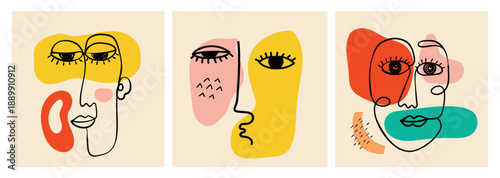 Abstract Modern Faces with Geometric Shapes and Surreal Eyes Vector Se