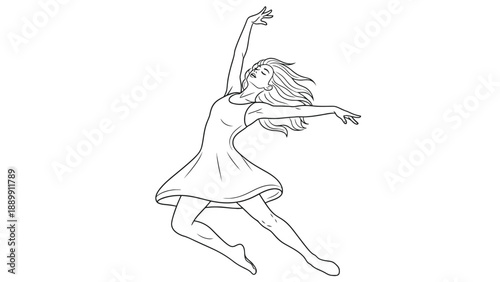 Professional female contemporary dancer performing an elegant leap in a short dress for creative performing arts education and modern theater business branding resources.