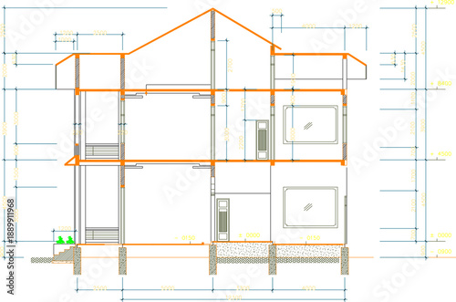 Vector sketch illustration silhouette design architectural engineering drawing section of a simple multi-story house with interior and scale size