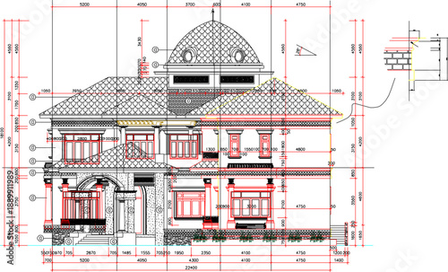Vector sketch illustration silhouette design architectural engineering drawing section view facade of a classic vintage luxury multi-storey house with interior and scale size