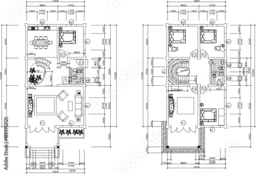 Vector sketch illustration silhouette design architectural engineering drawing site plan layout simple multi-story house with interior and scale size.