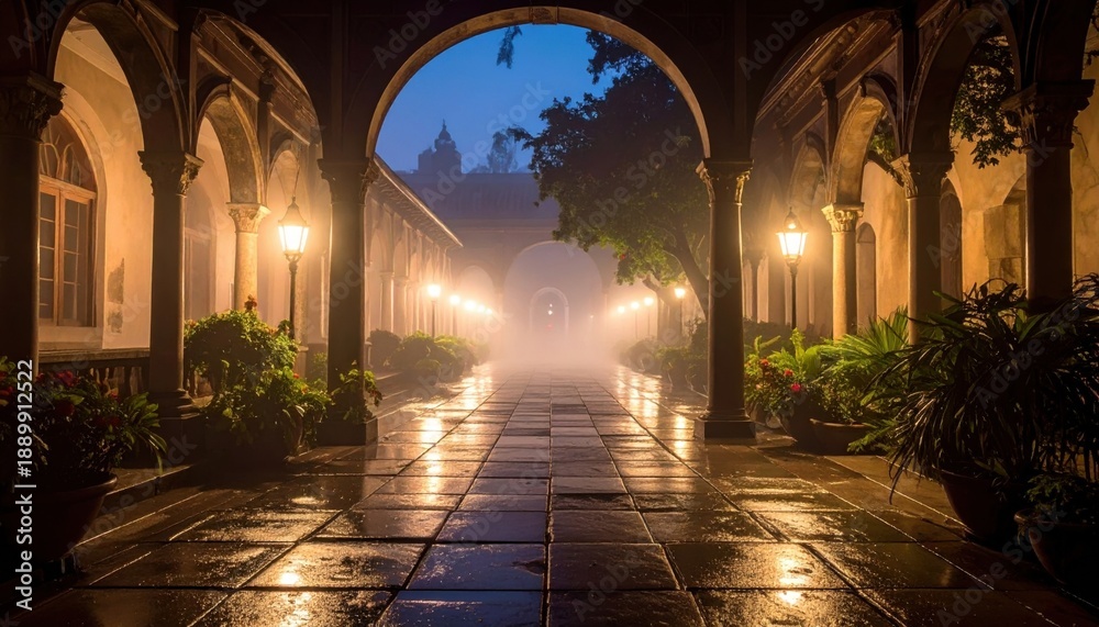 Fototapeta premium Mysterious and atmospheric cloister walkway at twilight with glowing lanterns and fog.