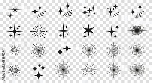 Collection of various shining black starbursts and star shape designs for festive decorations