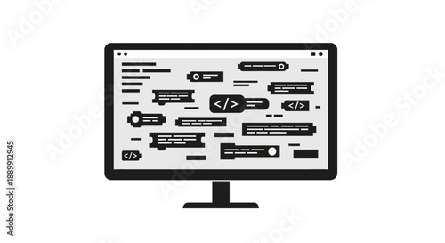 Computer monitor displays coding symbols and programming language on screen with black and white interface