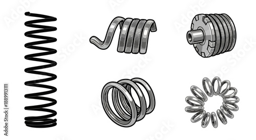 Assortment of Compression, Torsion, and Extension Springs Depicting Mechanical Engineering Elements