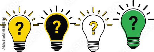 Creative light bulb vector set featuring yellow black white and green bulbs with question marks for ideas brainstorming and problem solving concepts.