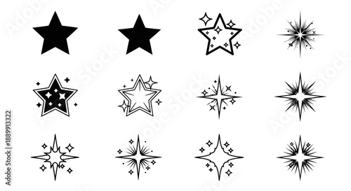 Collection of diverse star icons, each capturing a unique essence of cosmic luminescence and
