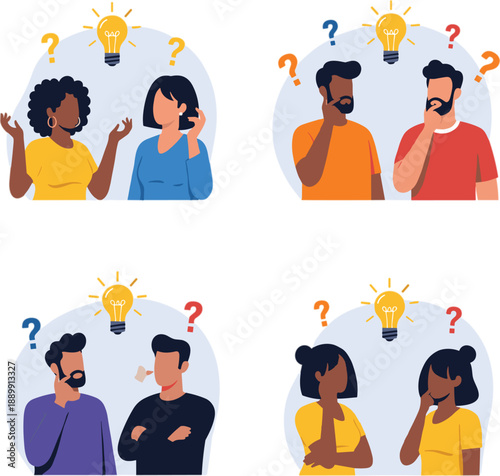 Diverse people character set brainstorming ideas with lightbulbs and question marks representing problem solving and creative teamwork flat vector.
