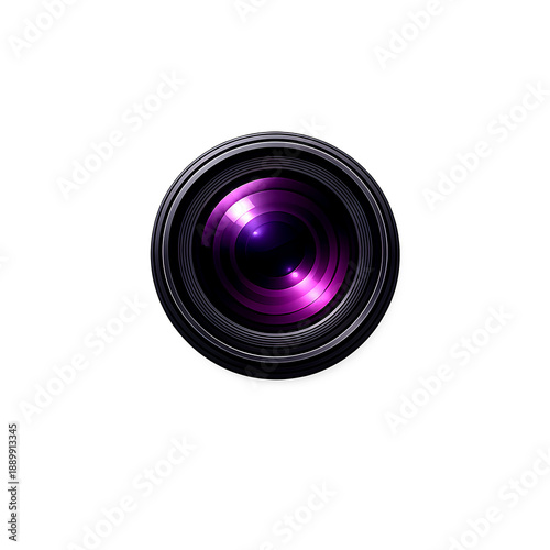 Modern Camera Lens Icon with Purple Glass Reflection Representing Photography, Videography, Focus, and Digital Imaging Technology