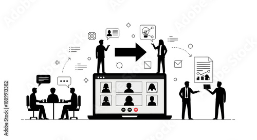 Remote team collaboration concept with people interacting around a large computer screen displaying video conference