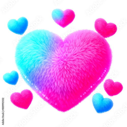 Colorful Furry Gradient Heart Illustration with Blue and Pink Fluffy Love Symbols on Black Background