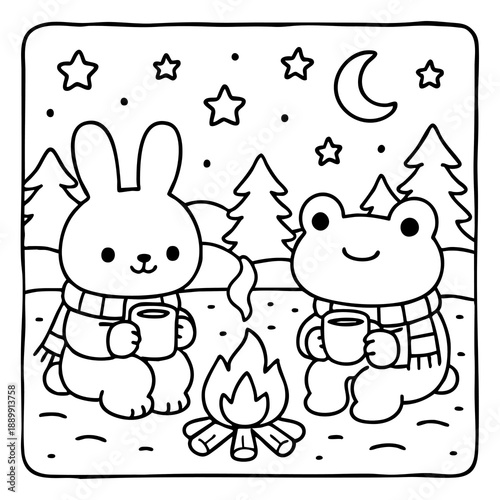 A cute illustration featuring a rabbit and a frog sharing warm drinks by a campfire under a starry night sky.