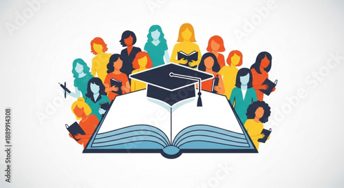 Graduation Cap on Open Book Surrounded by Diverse Students Illustration