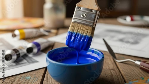 An artist dips a paintbrush into a bowl of vibrant blue paint in a creative studio. The process of preparing for painting with art supplies on a rustic wooden table banner