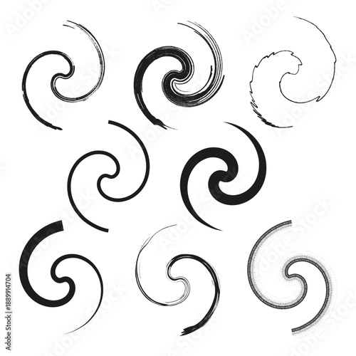 Swirl collection Vector. Spiral rotation symbol. Vortex movement illustration. Black curve graphics imagery set.
