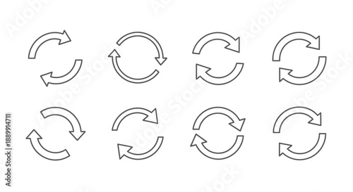 Collection of minimalist recycle arrows symbols depicting flow and sustainable cycles for graphic