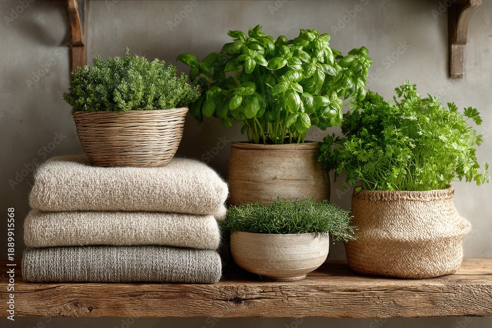 Fototapeta premium Sustainable home interior with houseplants and natural textiles on shelf