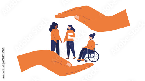 A supportive hand shielding a group of diverse people with care