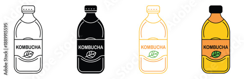 Kombucha homemade tea in bottle icon set,  Japanese fermented product. Vector illustration.
