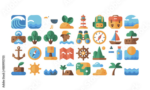 Vacation travel and ocean icons flat vector vector illustration, easily editable. 
