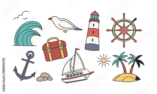 Nautical and coastal travel icon set vector illustration, easily editable. 