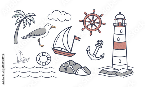 Seaside travel flat icon collection vector illustration, easily editable. 