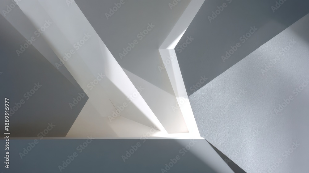 Obraz premium Geometric abstract architecture with white and grey surfaces. Modern design and structural elements. Minimalist interior for backgrounds or display.