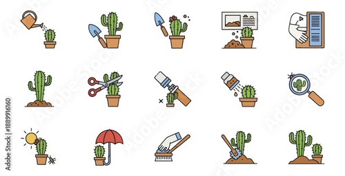 Cactus icon set gardening tools and activities