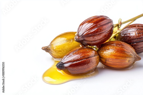 Jojoba oil on seeds isolated on white background