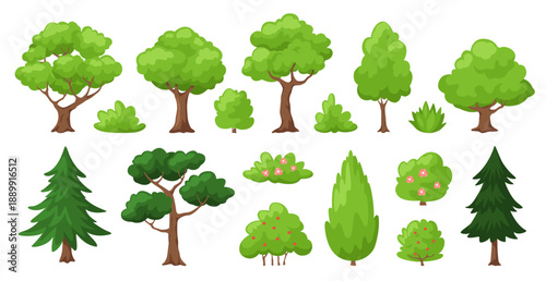 Cartoon tree and bush with leaf wood bark set including pine fir oak elm and ash. Green plant for wild park yard or land shrub with grass and branch. Flat vector clip art pack for game.