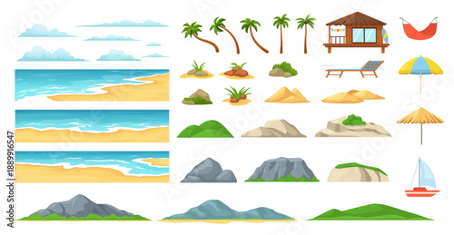 Summer landscape cartoon elements. Beach vector art with sand sea wave and shore for coast bay or palm tree. sky with sun cloud and hut deck for boat sail or calm trip. Flat scene