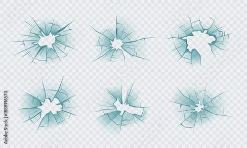 Glass vector set with crack break smash or shard split for tech screen impact. chip hole hit and burst with sharp star web crack for game fx. clean flat ui with damage warn and alert frame overlay