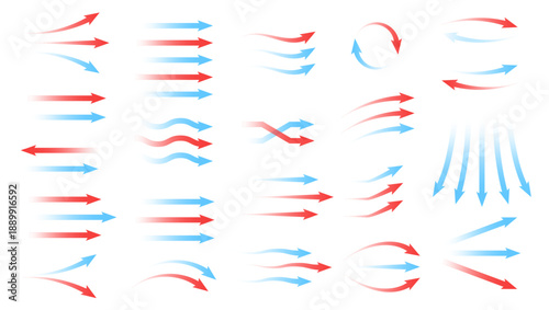 Red and blue arrow. Air heat and cold wave, warm and cooling wind circle. Flow direction, hot current hvac conditioner icon. Ventilation arrows, airflow stream motion speed signs. Vector isolated set.