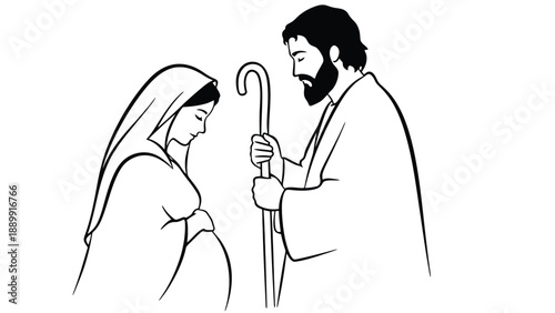 A biblical illustration of Mary and Joseph in a simple line drawing