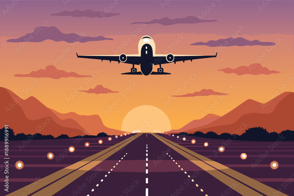 Fototapeta premium Airport Runway Takeoff Sunset Illust