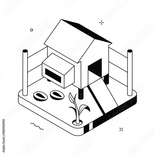 A trendy isometric illustration showing farmhouse and rural living concept