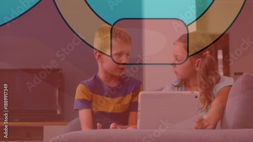 Animation of shapes over caucasian children using laptop