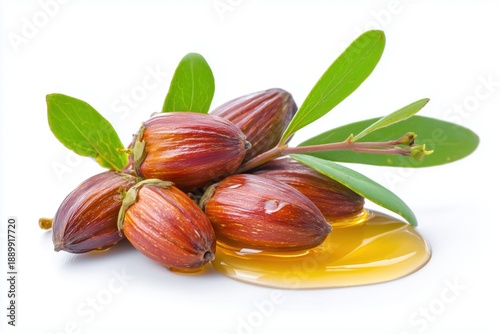 Jojoba oil on seeds isolated on white background