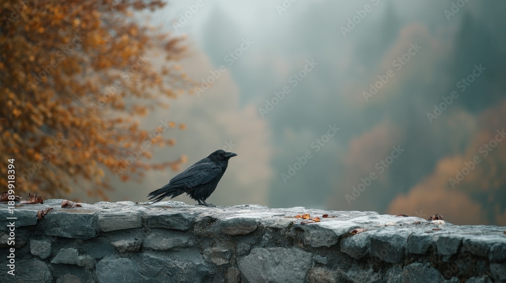 Fototapeta premium Black crow perching on a stone wall in an autumnal landscape. Wildlife photography for nature blog or seasonal concept.