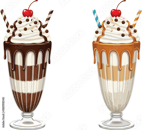 Delicious chocolate and caramel milkshakes with whipped cream cherry toppings and wafer rolls for dessert menu vector illustration