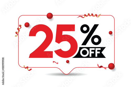 25% off sale banner with bold red typography and modern price tag design on a clean white background. Vector illustration.