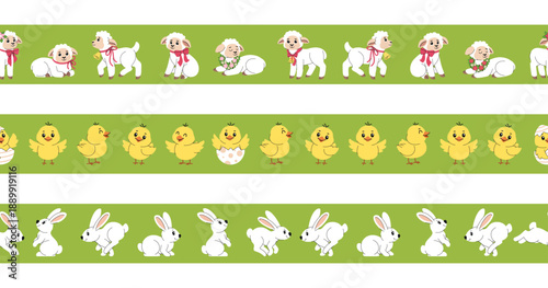 Easter borders with bunnies, lambs, and chicks set. Horizontal ribbon patterns for Easter eggs, wrapping ribbons.