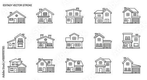 Collection of house illustrations in outlined style, suitable for architectural designs