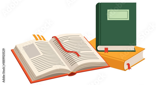 Illustration of books and learning materials in a static display