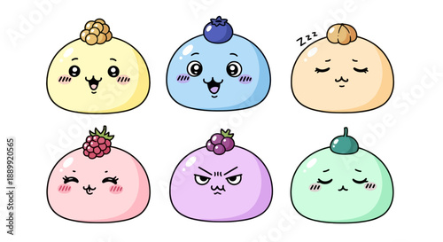 Illustration of six cartoon desserts with different facial expressions and toppings on a white background from a direct viewpoint