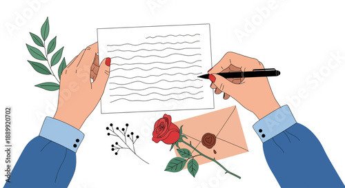Hands holding pen and paper with rose and envelope on white
